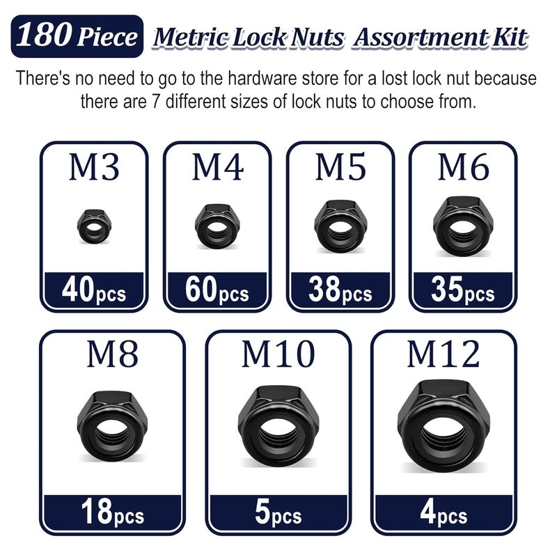 ZQZ 180 Pack Black Locknuts Assortment Kit, M3 M4 M5 M6 M8 M10 M12 Metric Black Nylon Insert Lock Nuts Set, 304 Stainless Steel Standard Threaded Nylock Nuts - Image 2